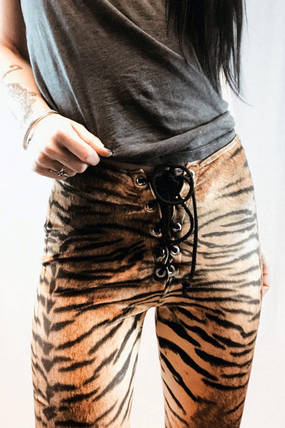 Tiger Print Velvet Lace Up Bell Bottoms